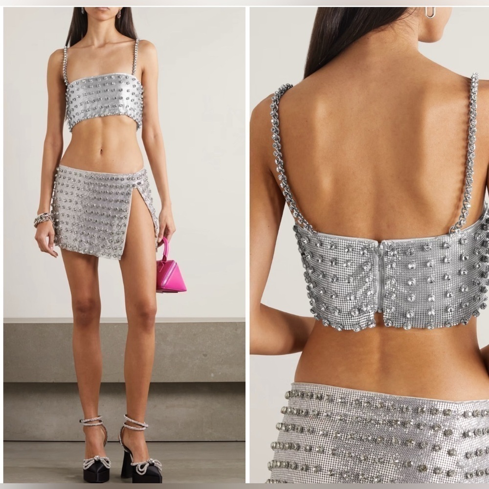 Retrofete Kauren cropped embellished chainmail camisole in silver NWT